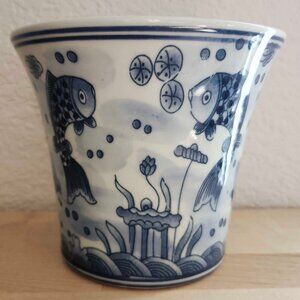 Chinese Ceramic Porcelain Blue and White Koi Fish 5" Planter Cachepot